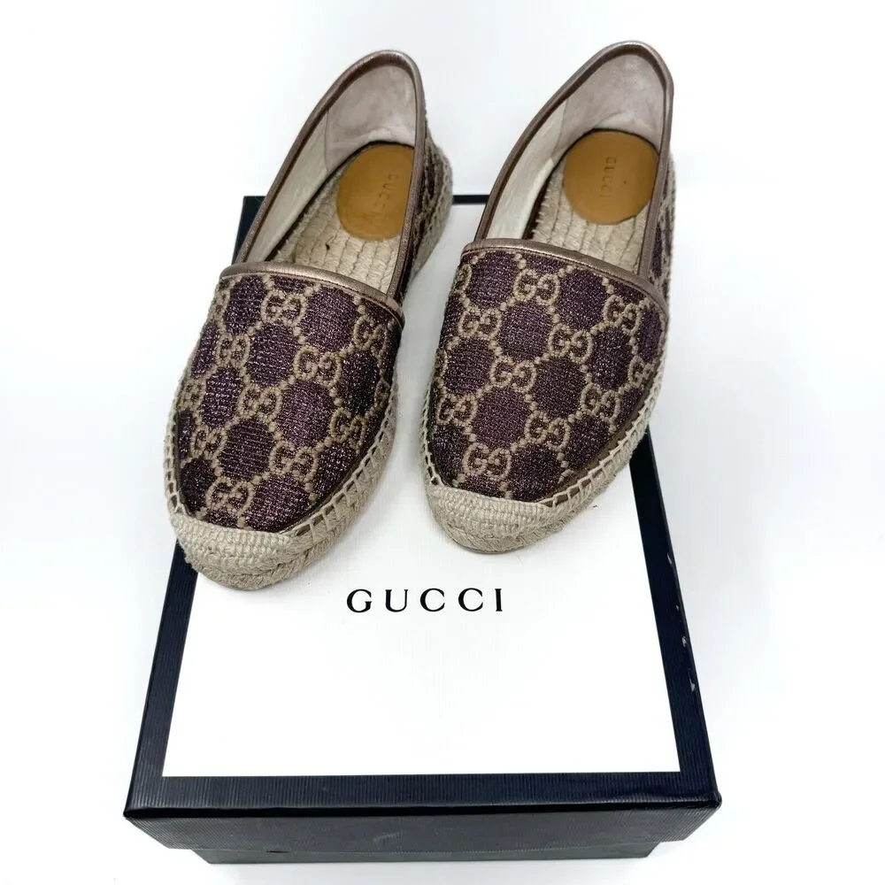 Gucci GG Logo Lurex Lamé Espadrilles Brown Beige Monogram Flats EU 37.5 US 7.5 - Picture 1 of 14